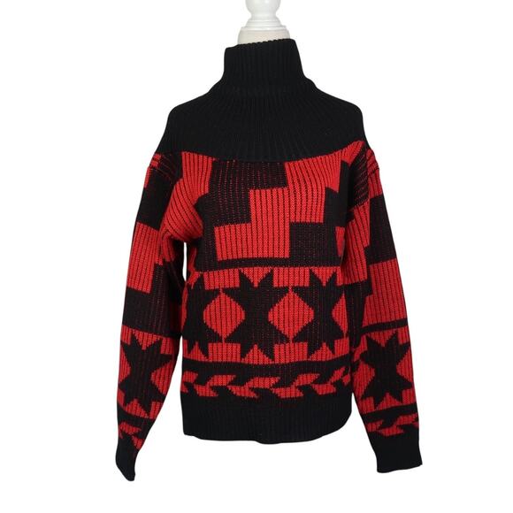 Vintage 90s Obermeyer Black and Red Geometric Wool Turtleneck Sweater M - Picture 1 of 5